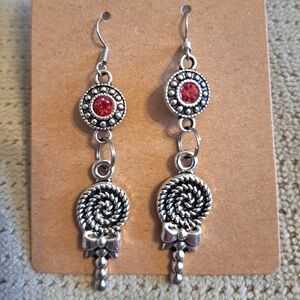 Sweet Silver Tone Lollipop Earrings With Red Rhinestone Connector Charm